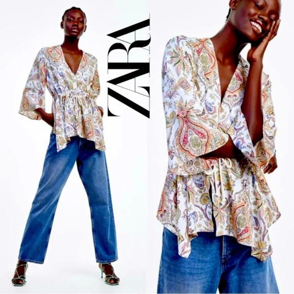 Zara Women Sm Paisley V-Neck Flutter Hem Bell Sleeve Drawstring Waist Boho Top - Picture 1 of 11